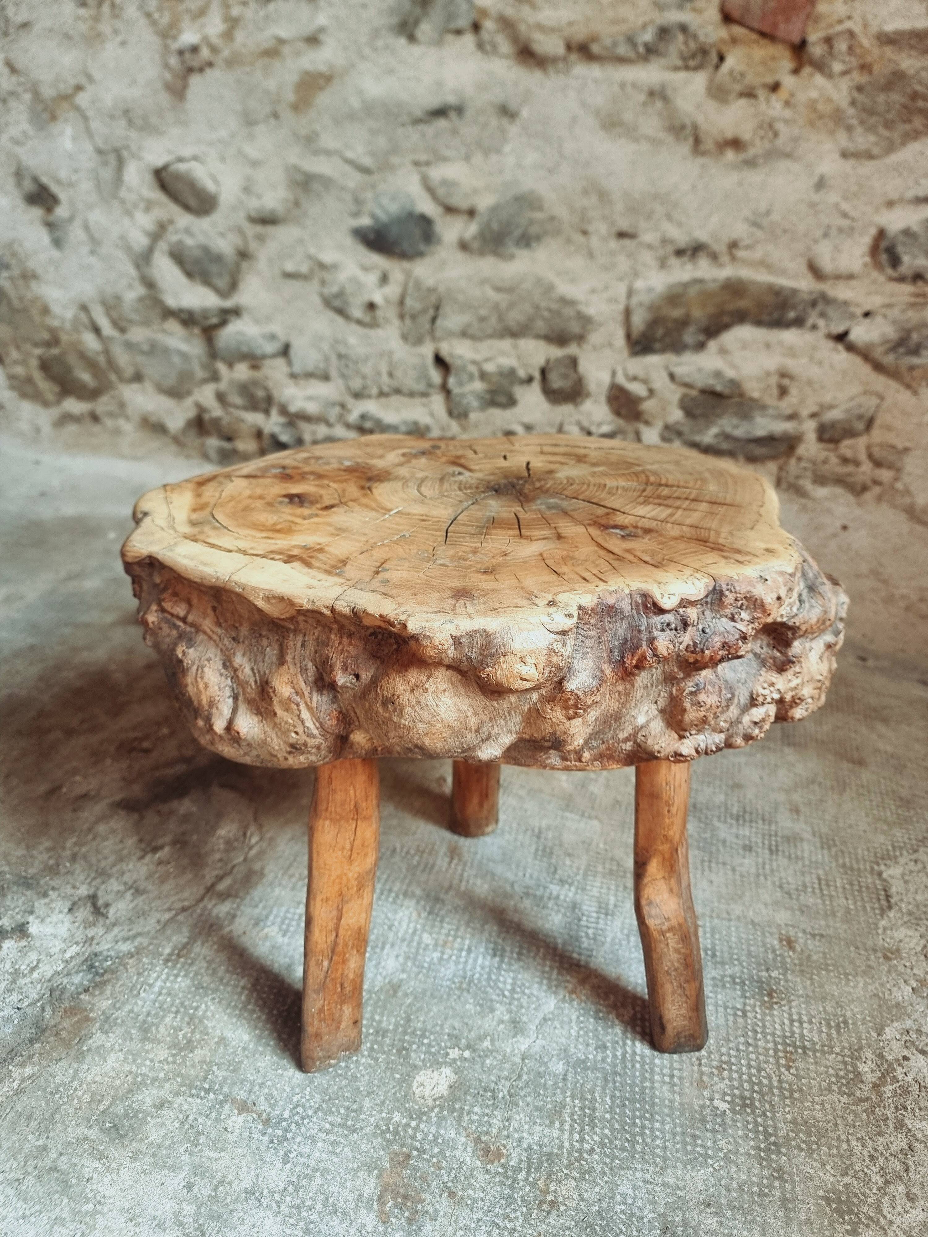Brutalist stool in solid cherry wood – France circa 1900