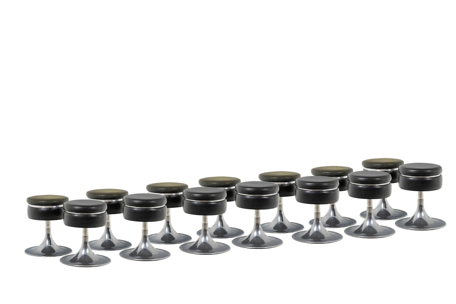 Low cylindrical black stool with steel base. 1970s