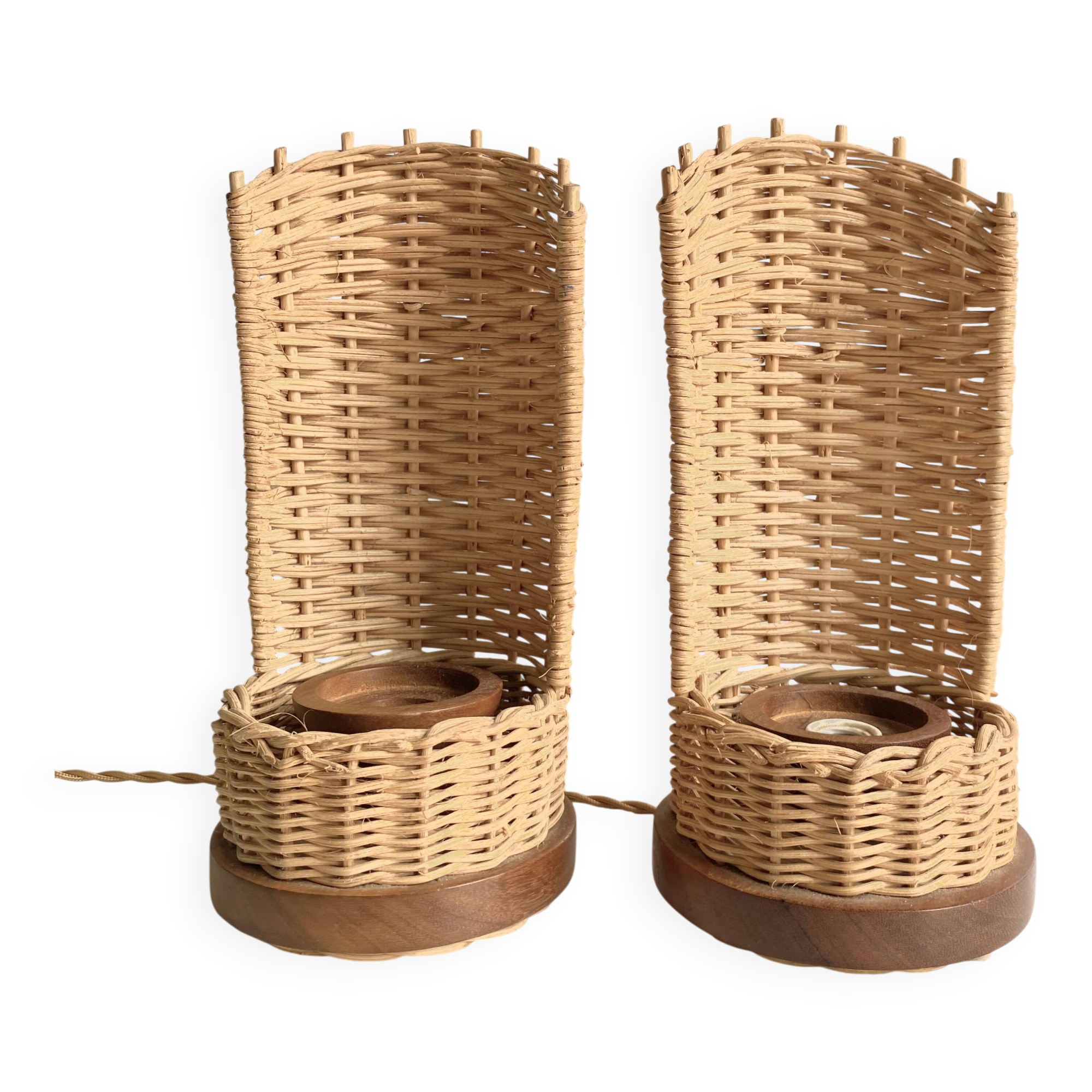 Duo de lampes rotin, câbles tissu neuf 2x2M