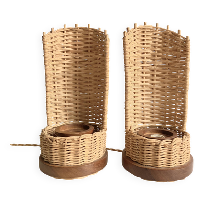 Duo de lampes rotin, câbles tissu neuf 2x2M