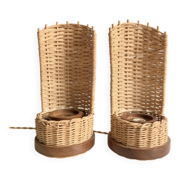 Pair of rattan lamps, new fabric cables 2x2M