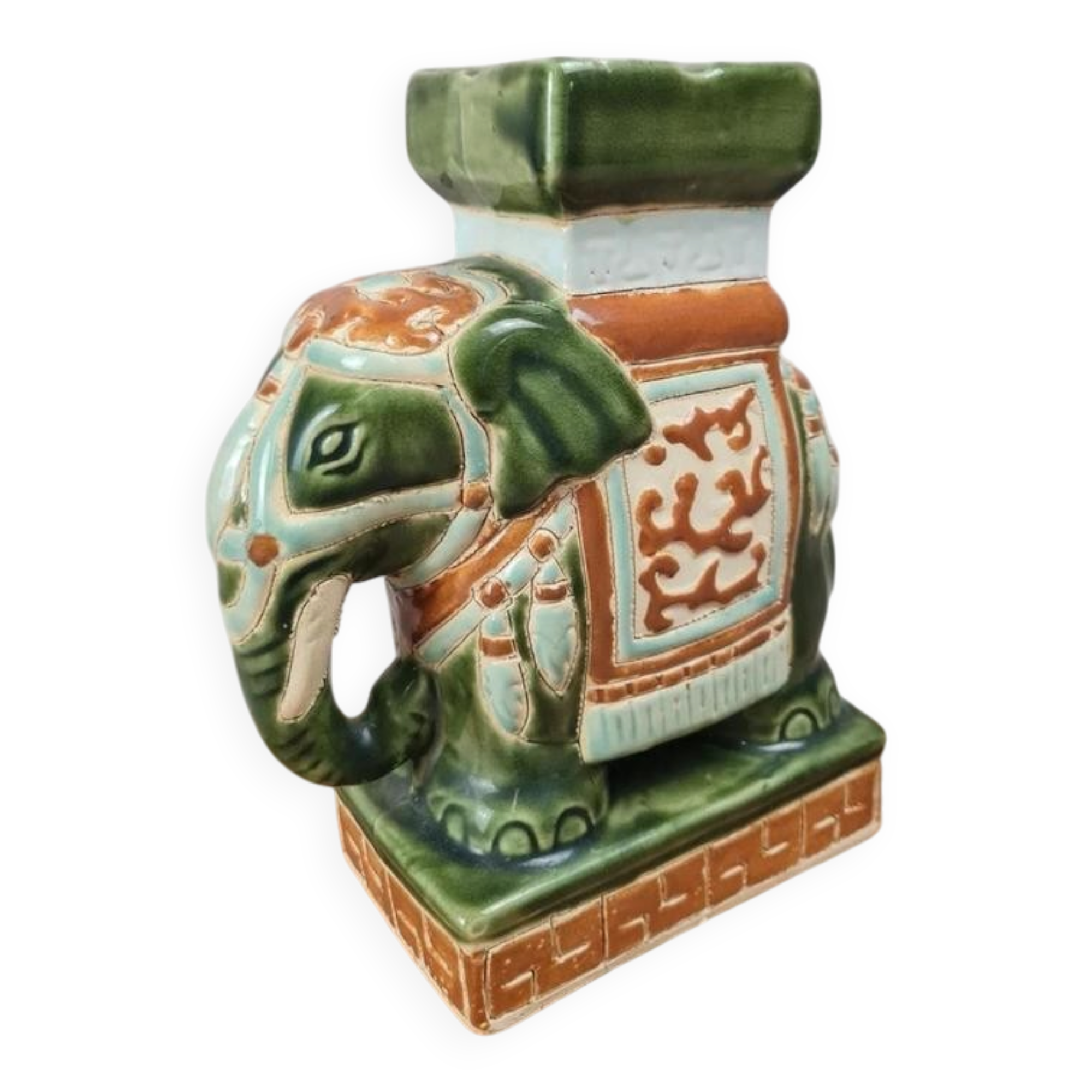 Cendrier éléphant en céramique émaillée vert et ocre – style asiatique vintage