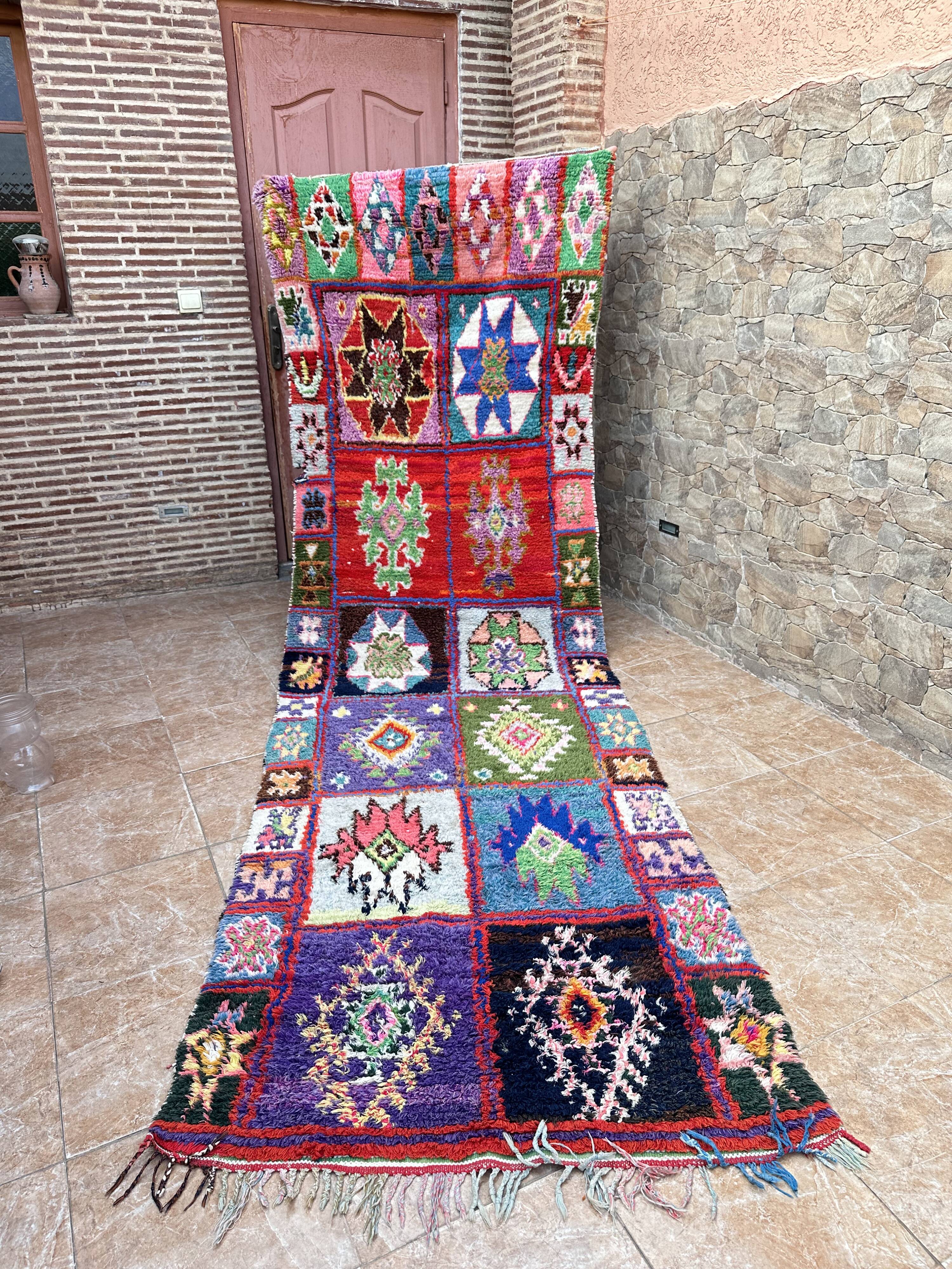 Vintage Boucherouite hallway rug: handwoven Berber rug.