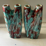 Vintage pair of turquoise and red ceramic candlesticks