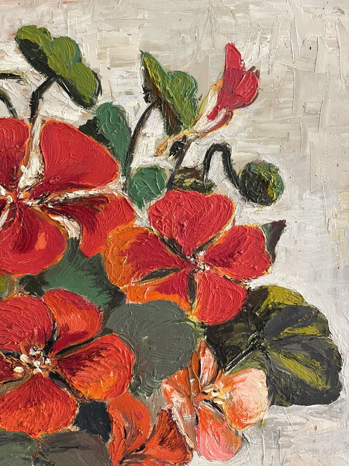 Peinture huile sur toile capucines fleurs vintage