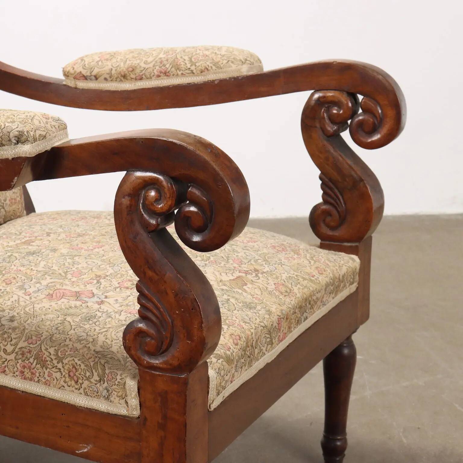 Antique Louis-Philippe armchair in walnut and fabric, Italy, 19th century
