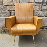 Pair of mustard skaï armchairs, brass feet
