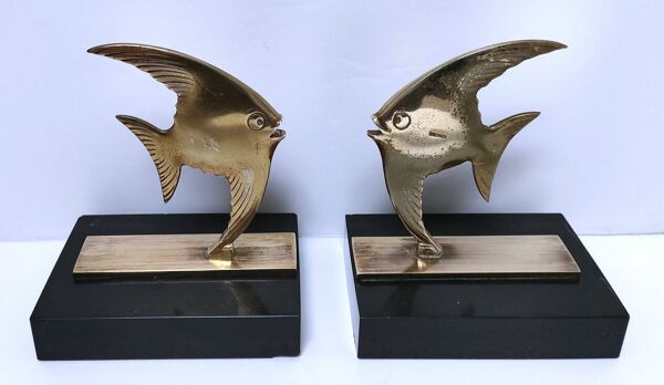 Paire de serre-livres poissons bronze marbre noir design