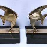 Pair of designer black marble bronze fish bookends