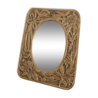 Cast Brass table mirror with carved-like floral decor