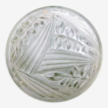 Plafonnier vintage français signé Degué art déco blanc opaque glass platformer shade