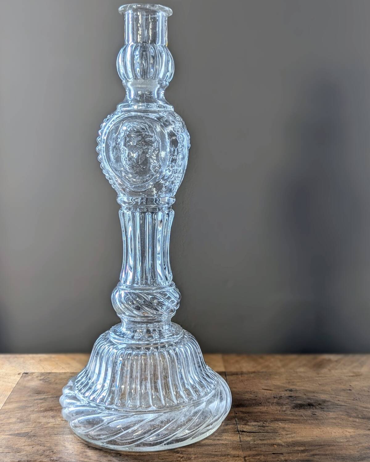 Legras candlestick in molded glass with faces in relief, vintage carafe