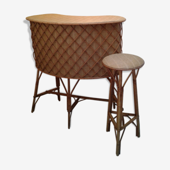 Bar et son tabouret en rotin des années 60