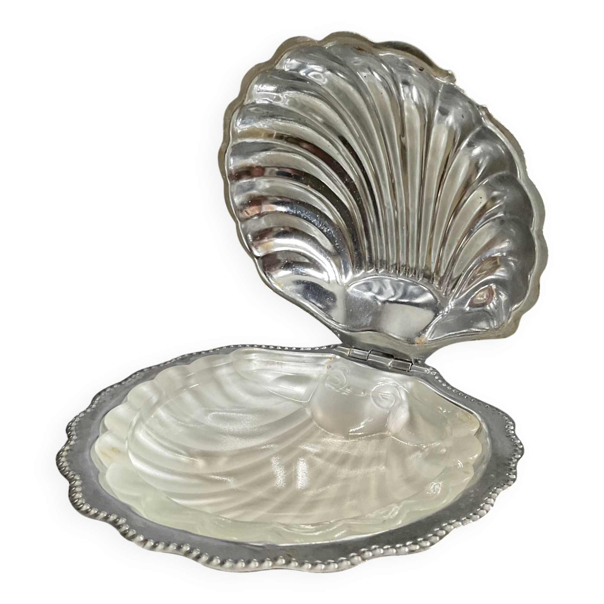 Vintage shell butter dish in glass and stainless steel