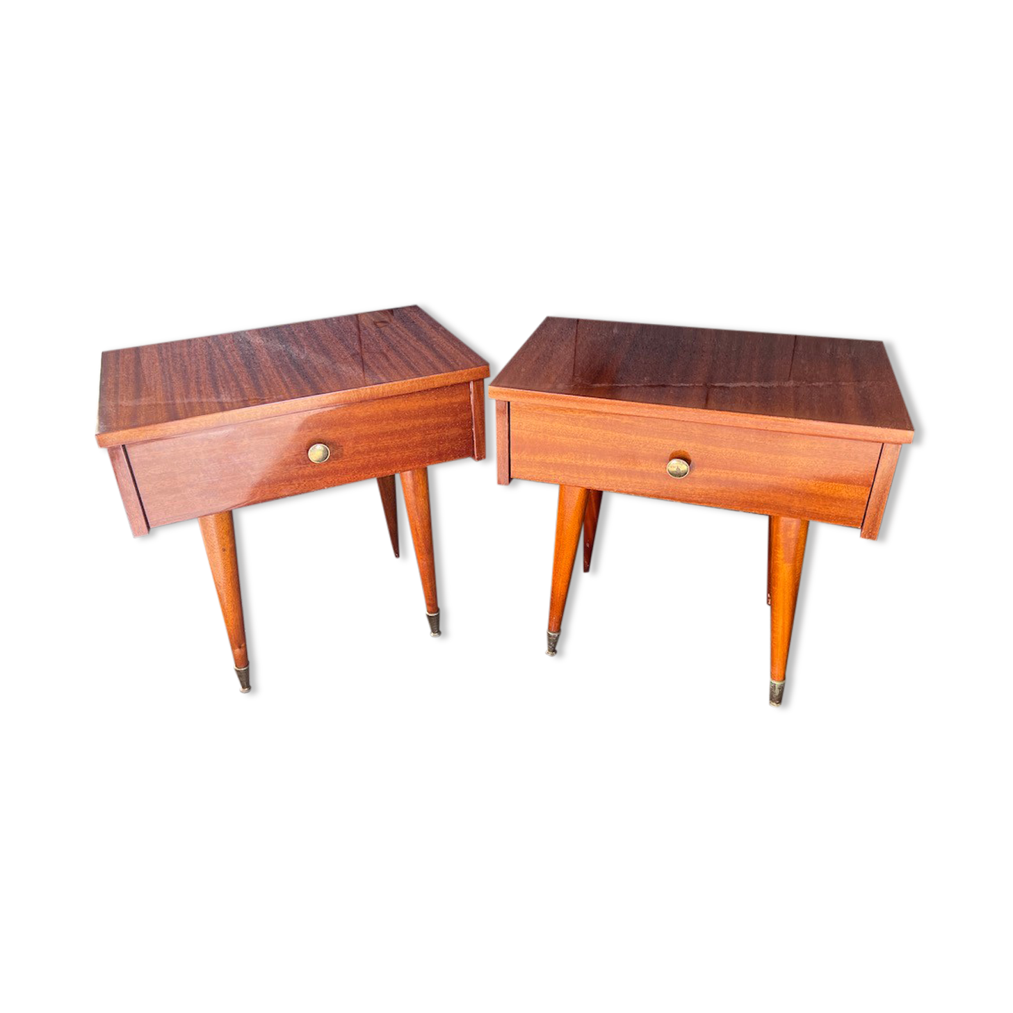 Pair of bedside or night tables in lacquered mahogany with compass feet