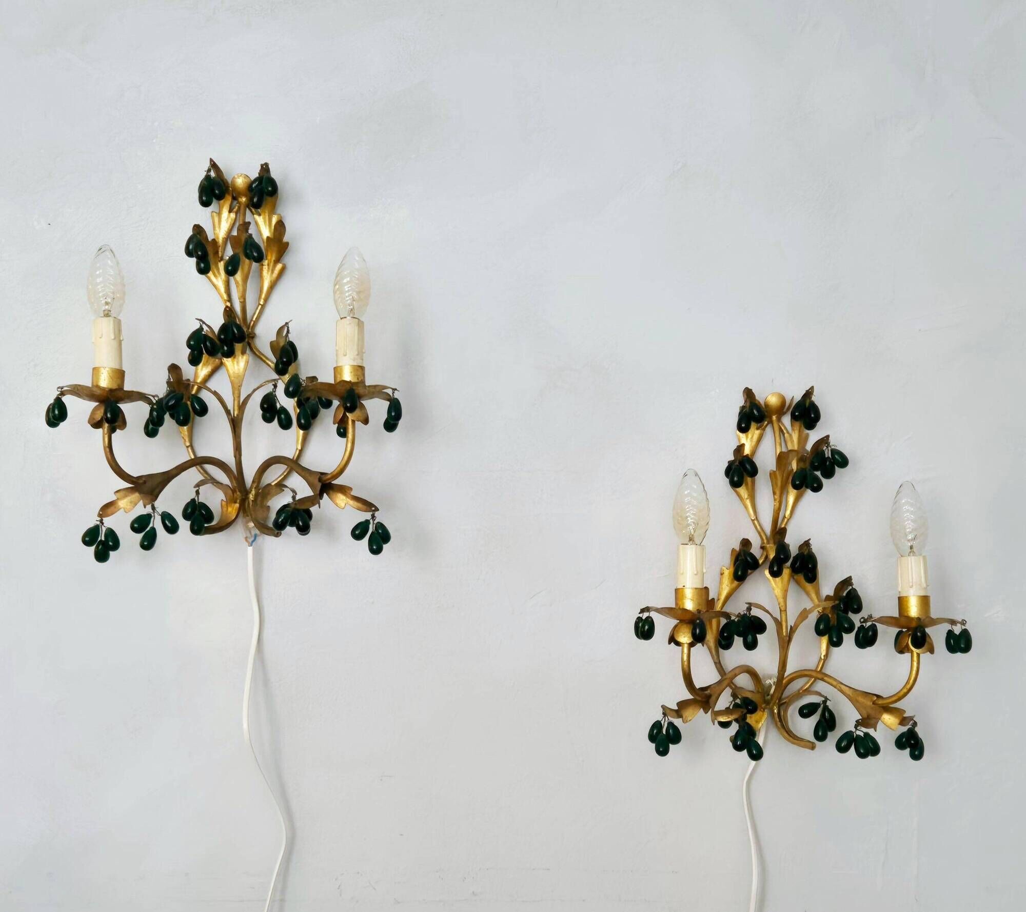 Lights, gold metal with green glass drops, Italy mid-1900s Regency.