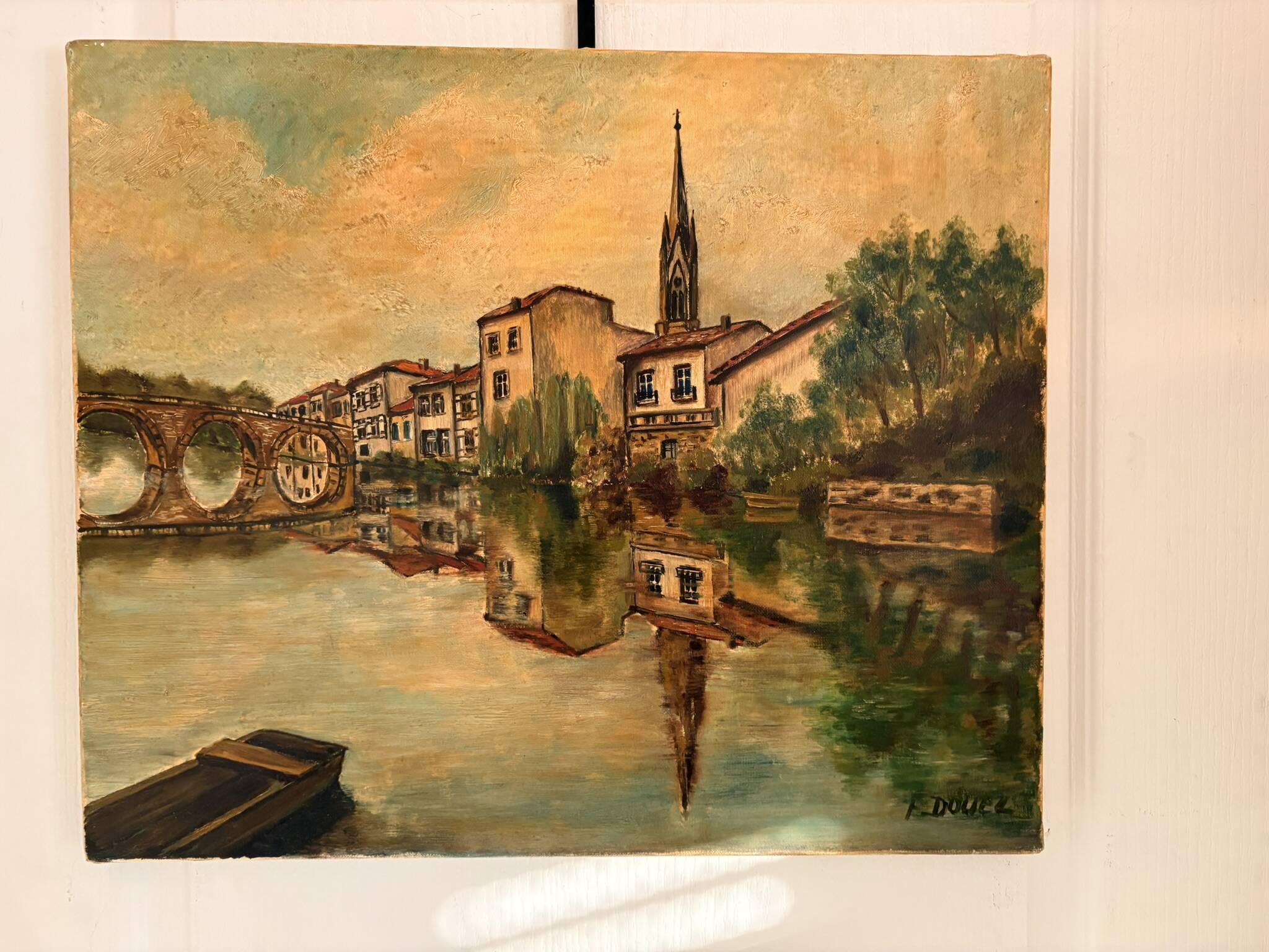 Old Oil Painting Canvas Linen River Church Village Bridge Signed D