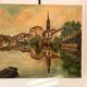 Old Oil Painting Canvas Linen River Church Village Bridge Signed D