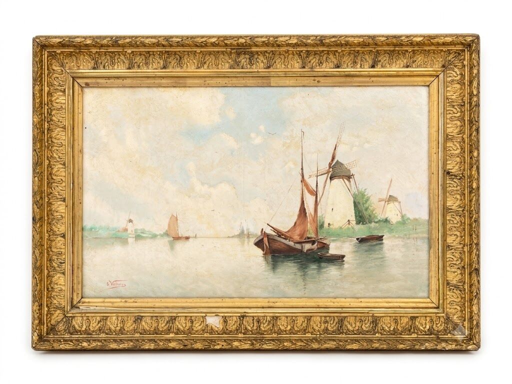 Tableau Marine Xix - Landscape of Mills and Boats - Signed E. Vannier