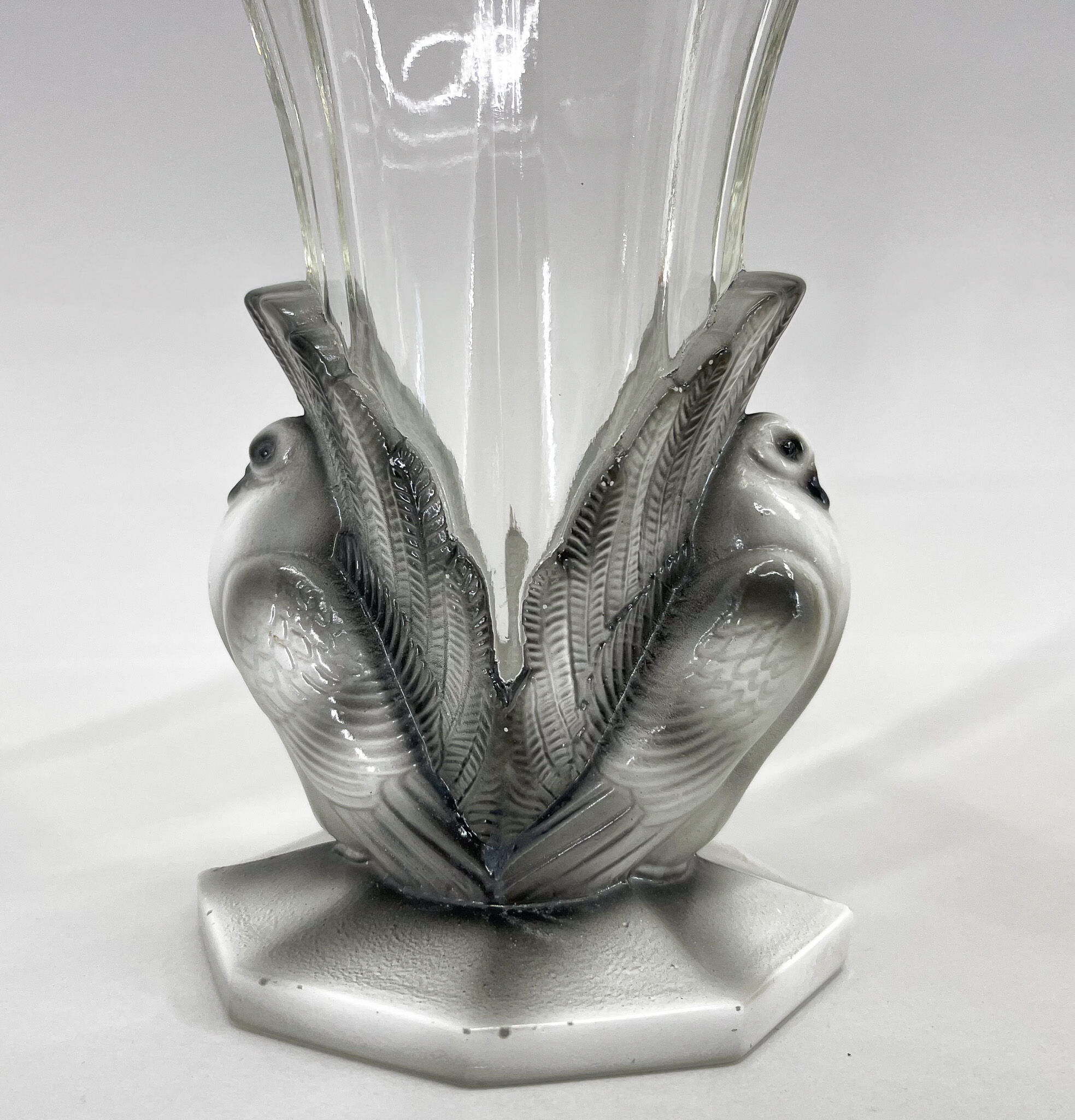 Set of Two Art Deco Dove Birds Glass Vases by Josef Feigl for Libochovice Glassworks, 1930s