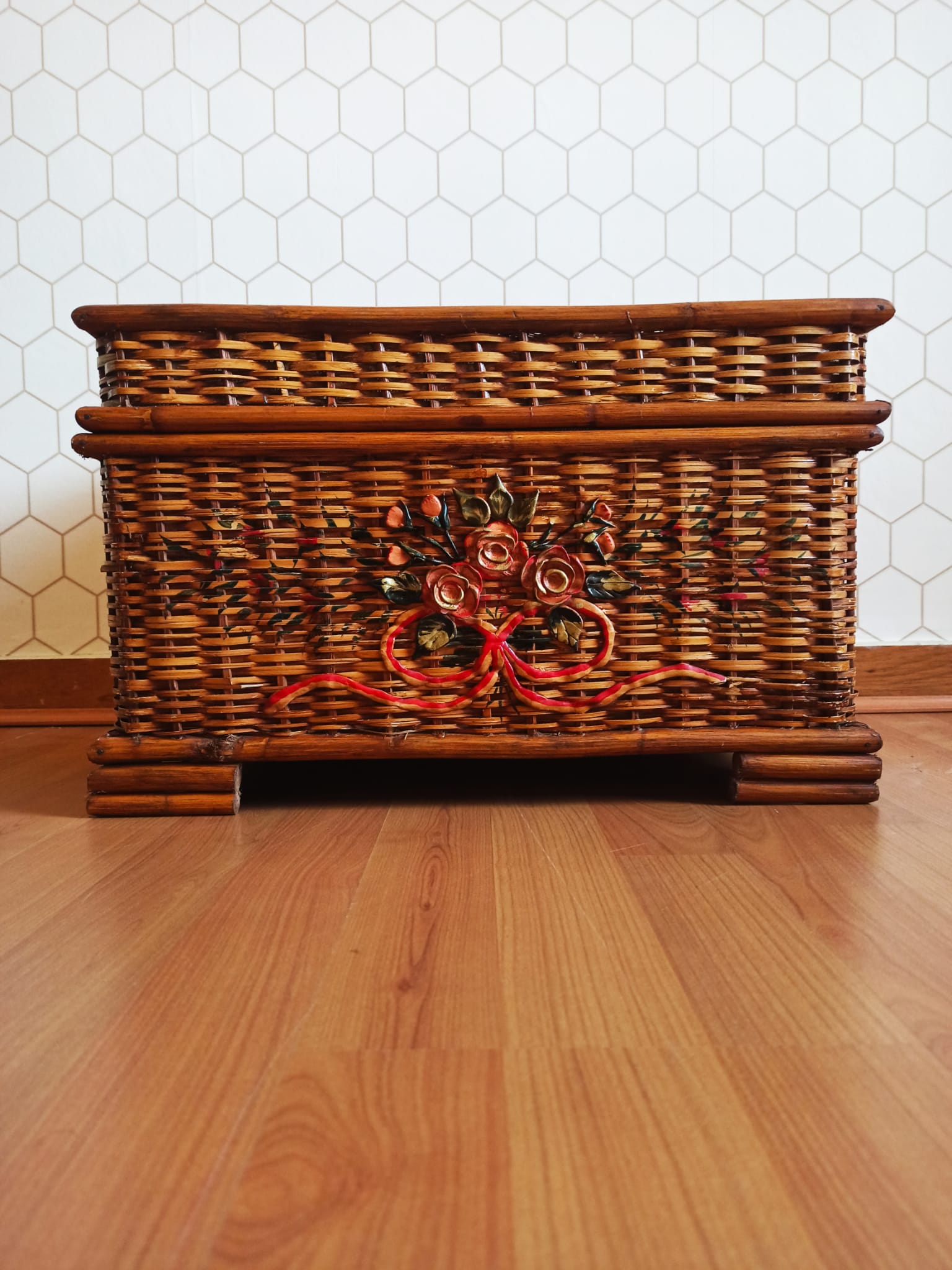 Ancient wicker, rattan and bamboo chest