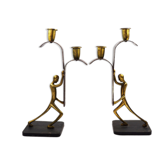 Art deco bronze candle holders by Karl Hagenauer for Hagenauer Werkstätten, 1940s,