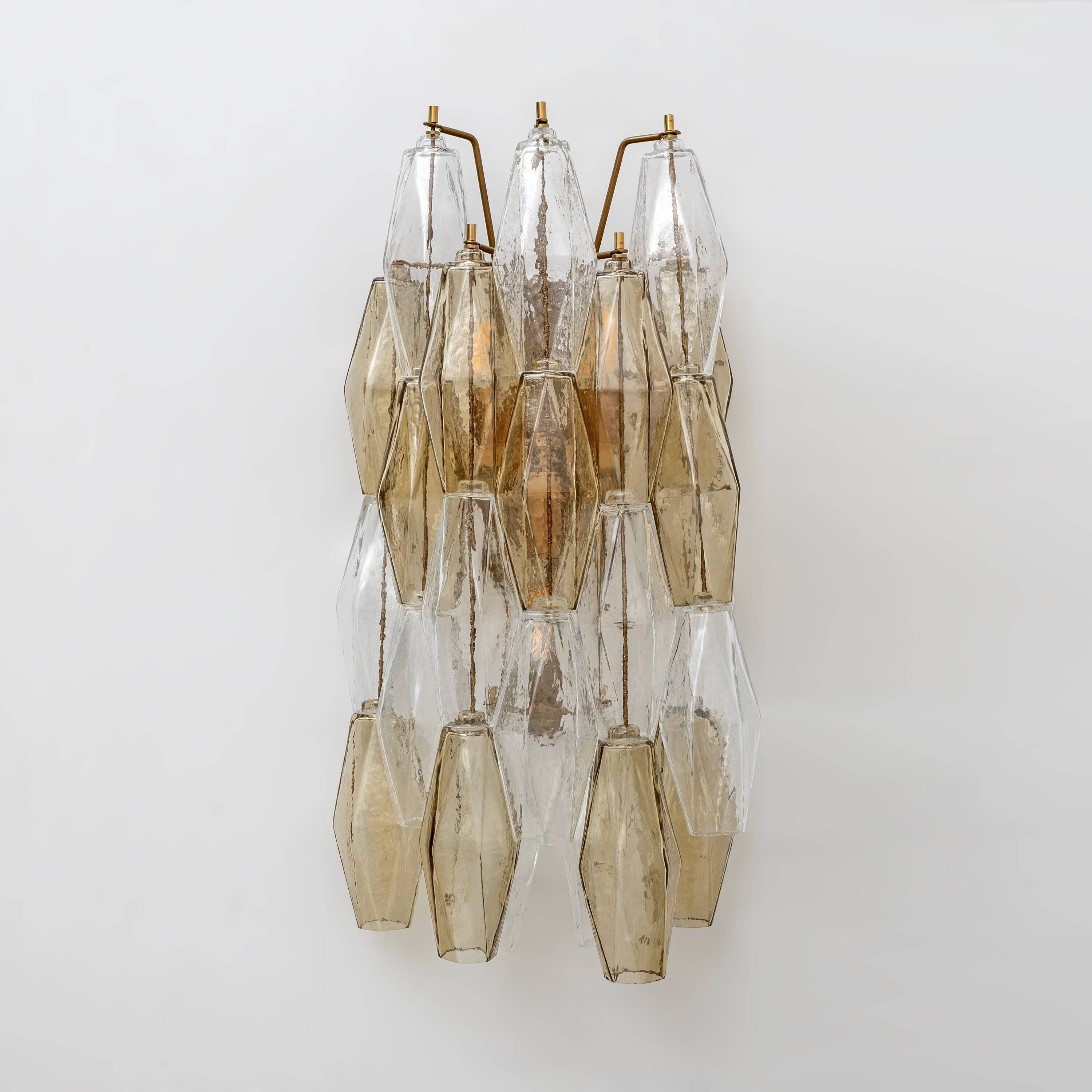 Pair of Mid-Century Italian Murano Glass Poliedri Sconces Amber and Clear