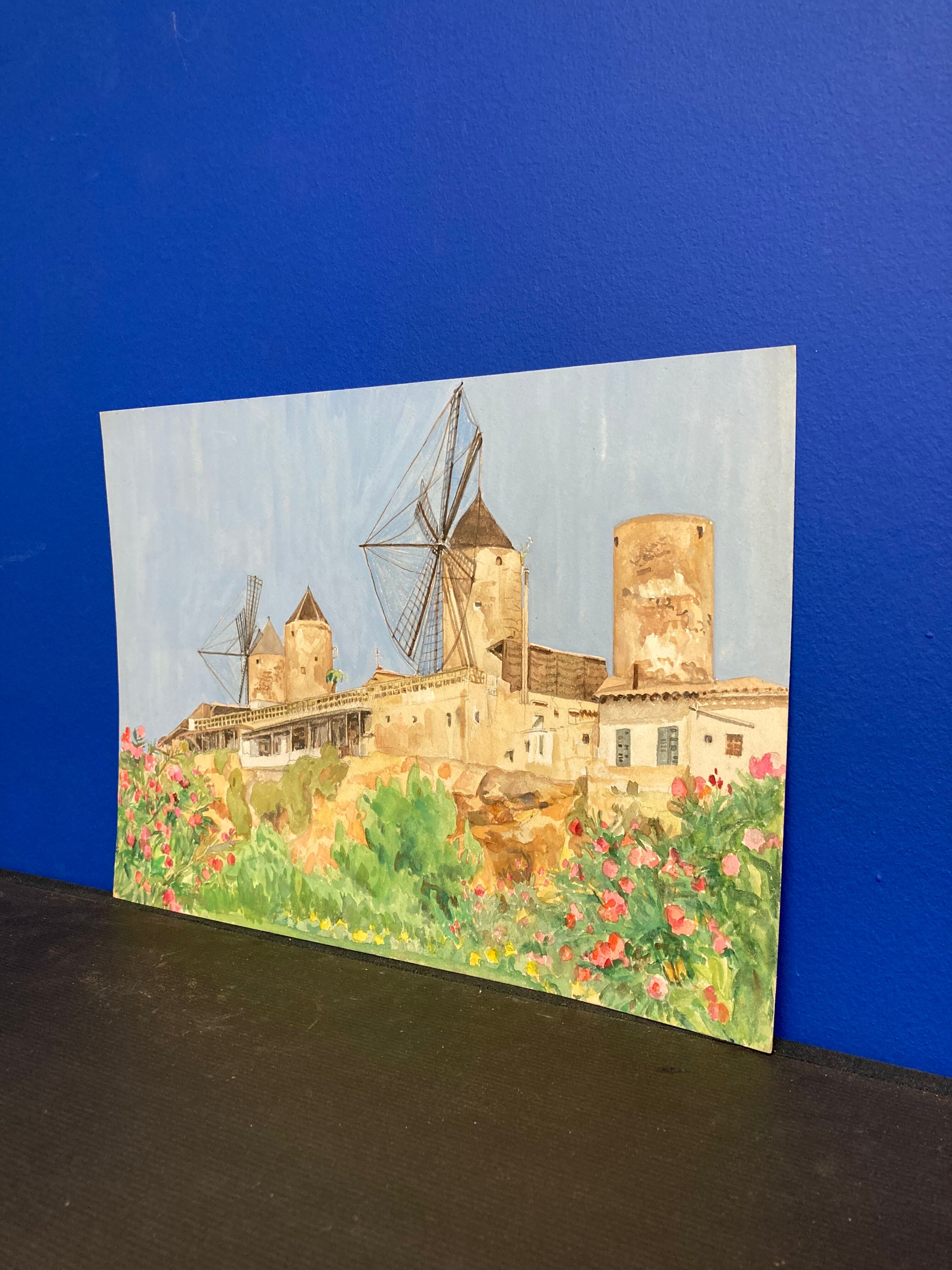 Watercolor landscape with vintage mills