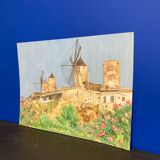 Watercolor landscape with vintage mills