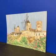 Watercolor landscape with vintage mills