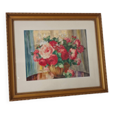 Aquarelle bouquet de roses encadrée XXème