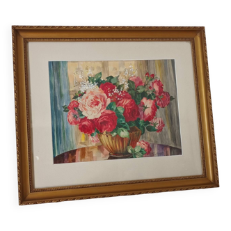 Watercolor bouquet of roses framed 20th century