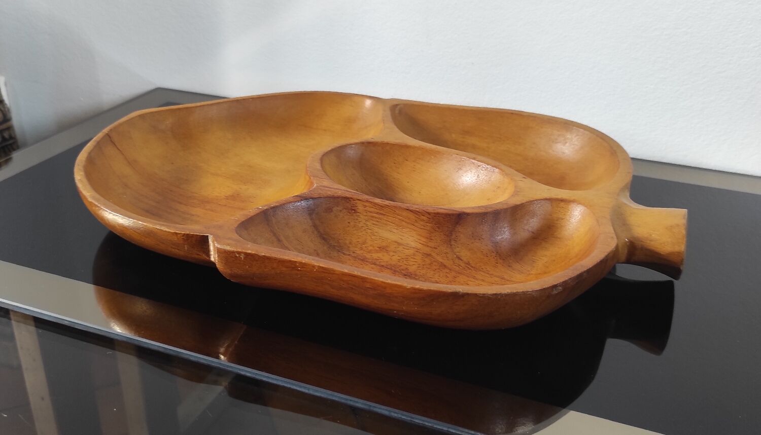 Vintage carved wooden aperitif platter – 4 compartments