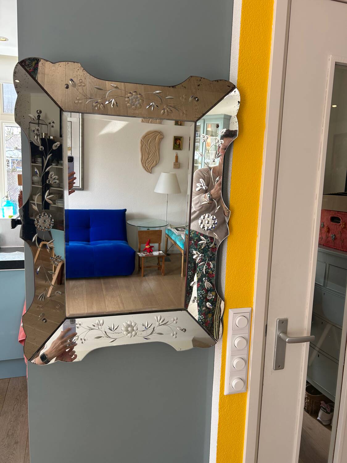 Prachtige Vintage Venetiaanse Spiegel – Geëtst Glas 79x58 cm