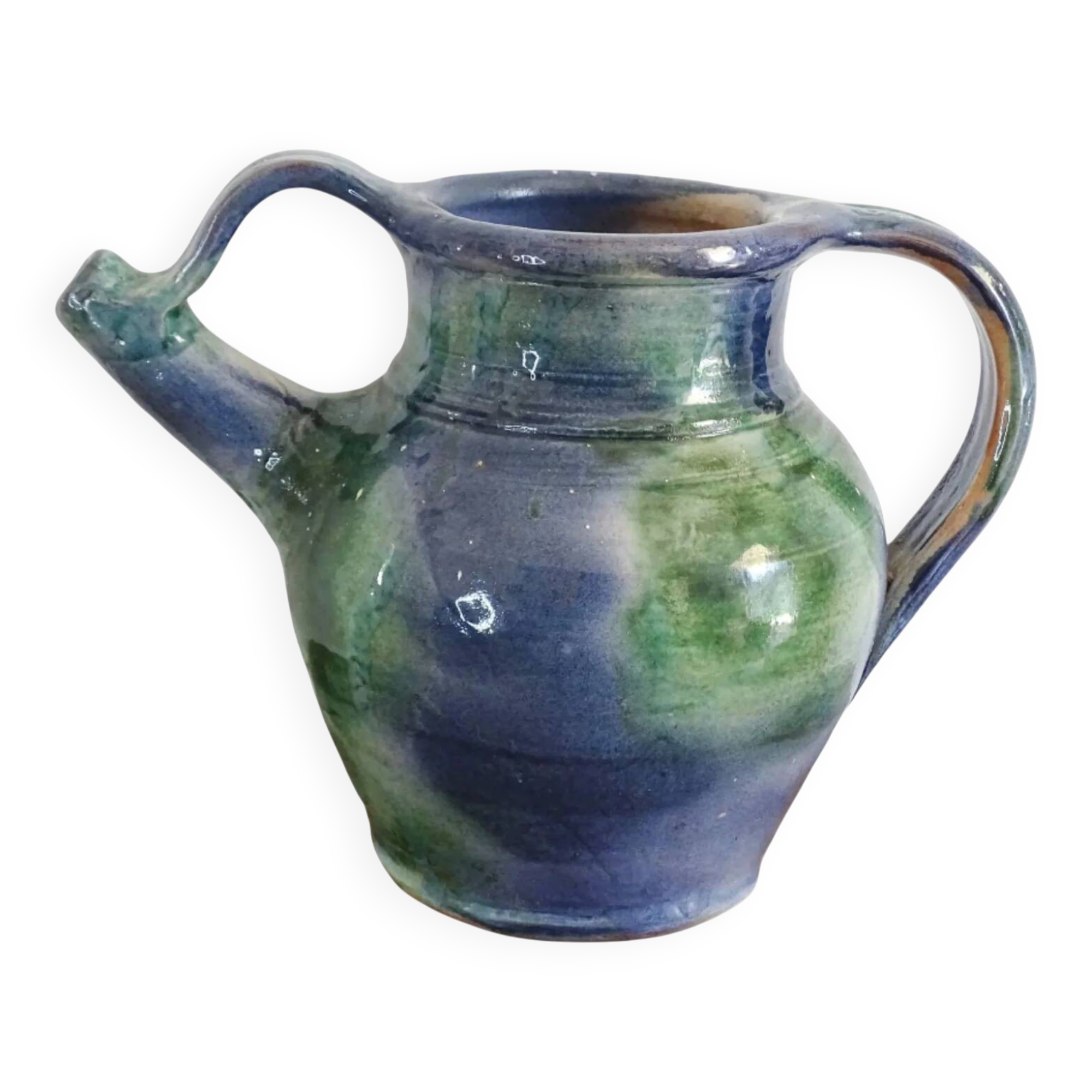 Cruche ou orjol en faïence française ancienne à glaçure bleue et verte