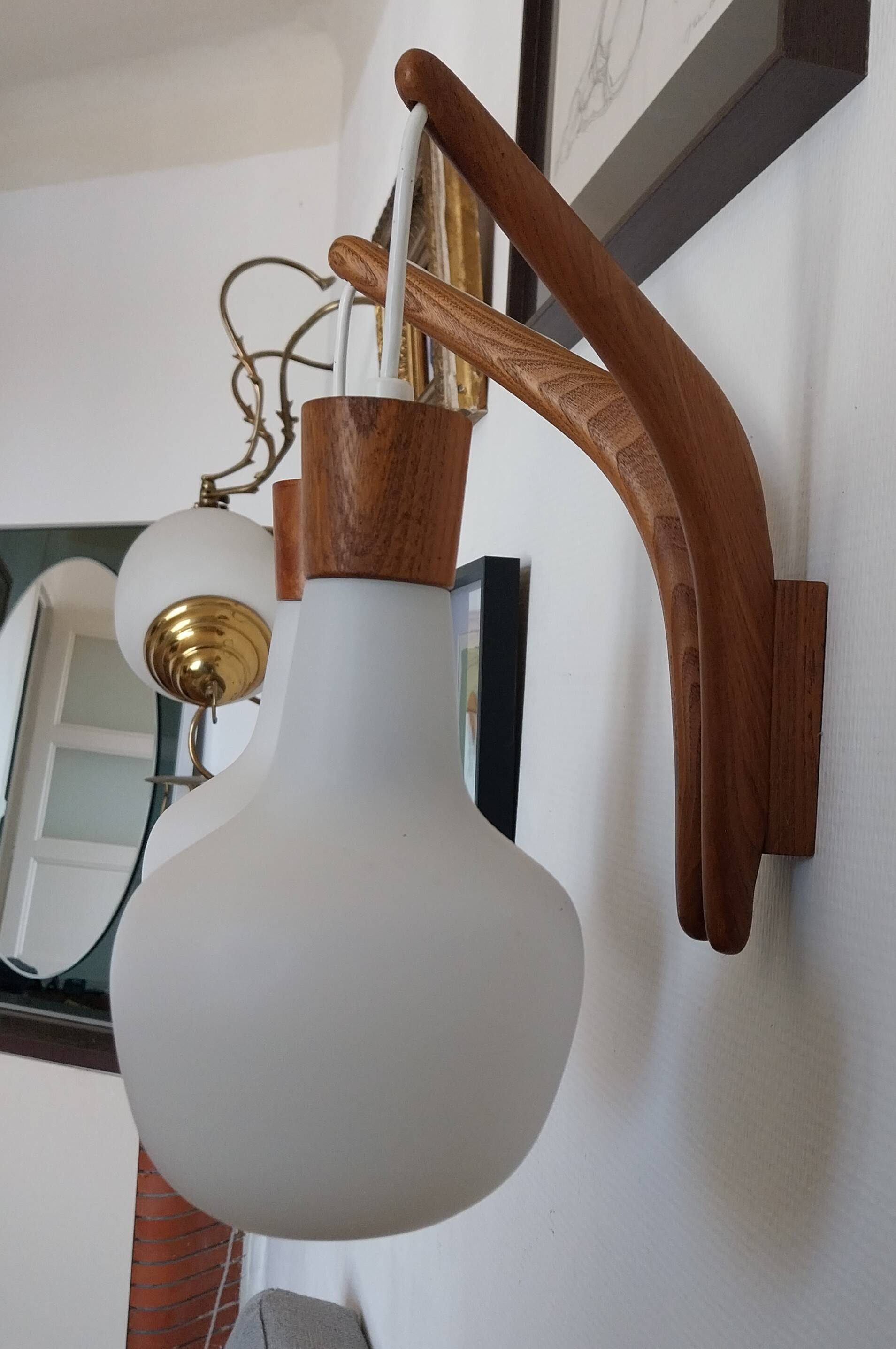 double teak wall lamp and Scandinavian suspended opalines