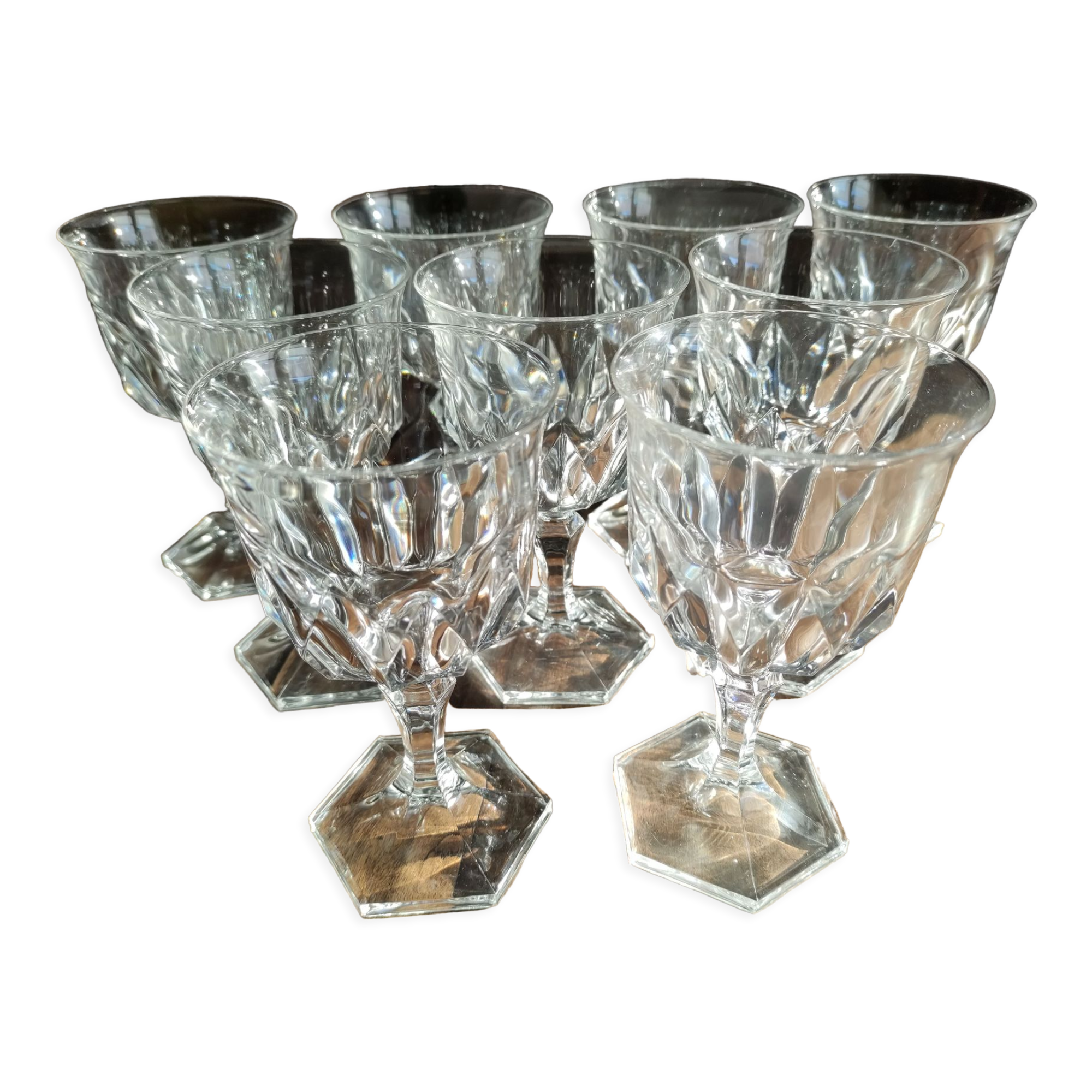 Set of 9 thick glass wine glasses faceted hexagonal foot