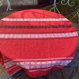 Rectangular tablecloth, Basque household linen in red cotton with black and white embroidery, vintage