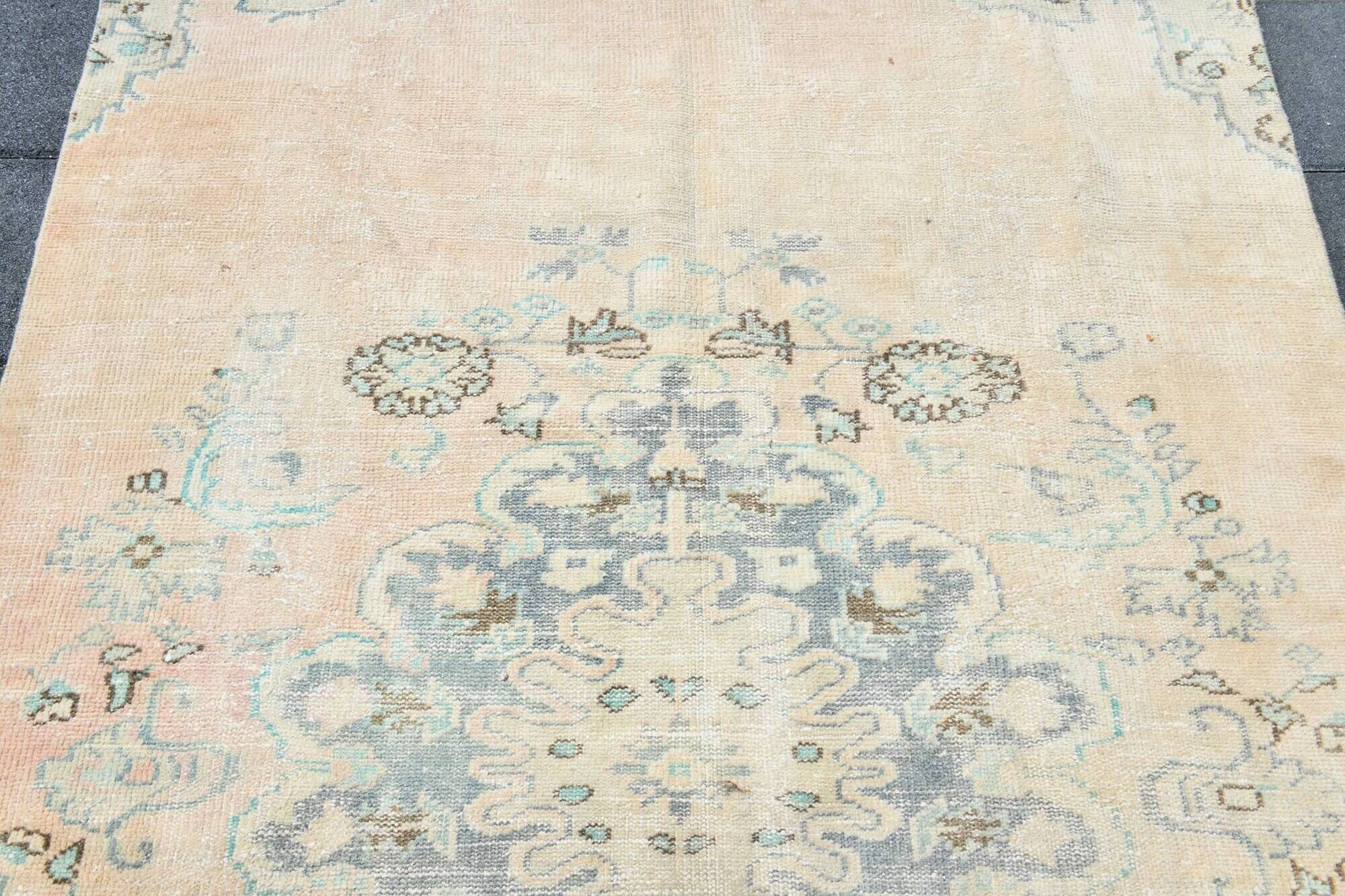 Tapis Oushak Vintage, Laine Turque Beige Pêche & Bleu Délavé, 159x227 Cm