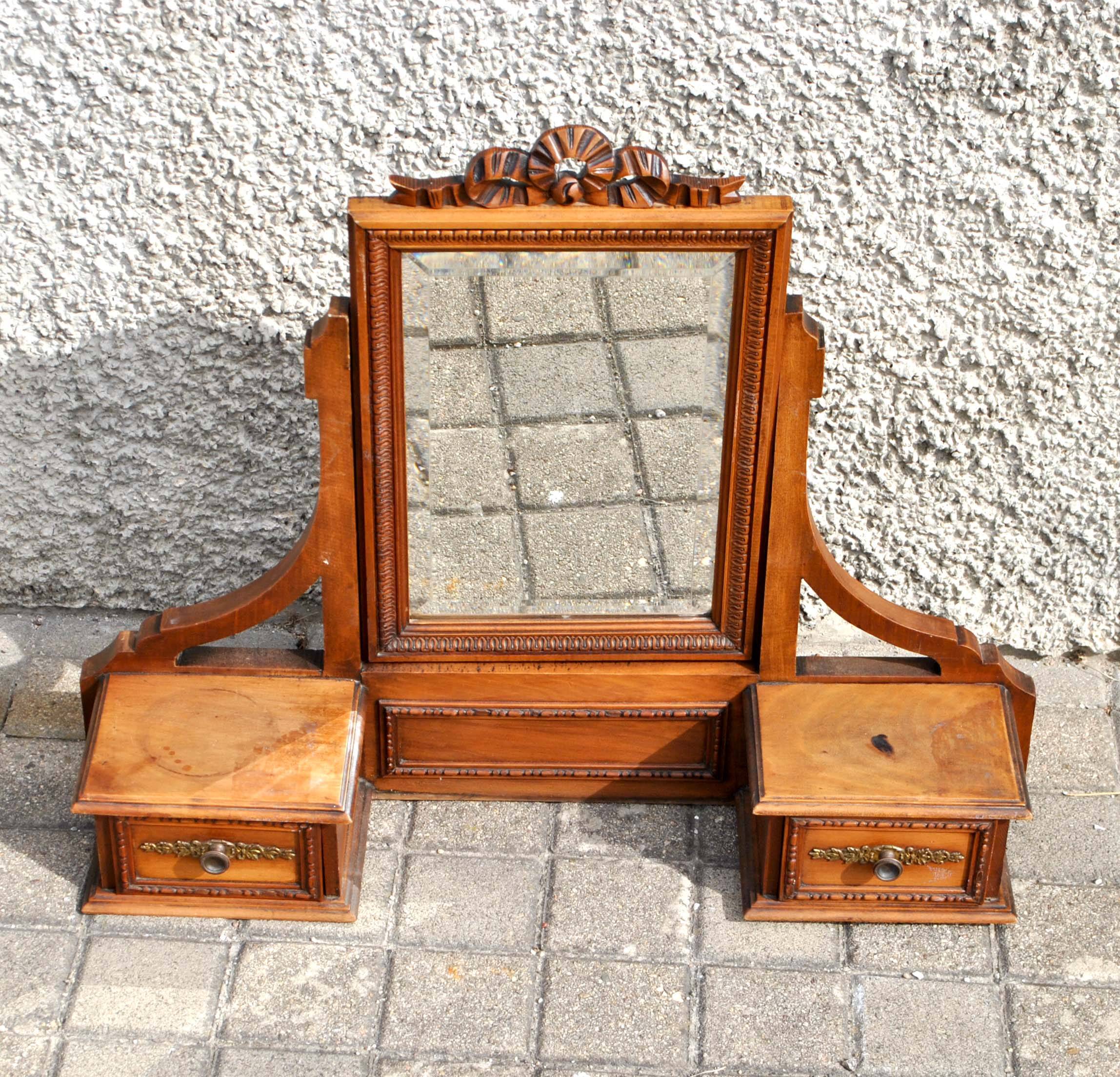 Carved wooden table mirror with ribbon bow - Old Psyche dressing table