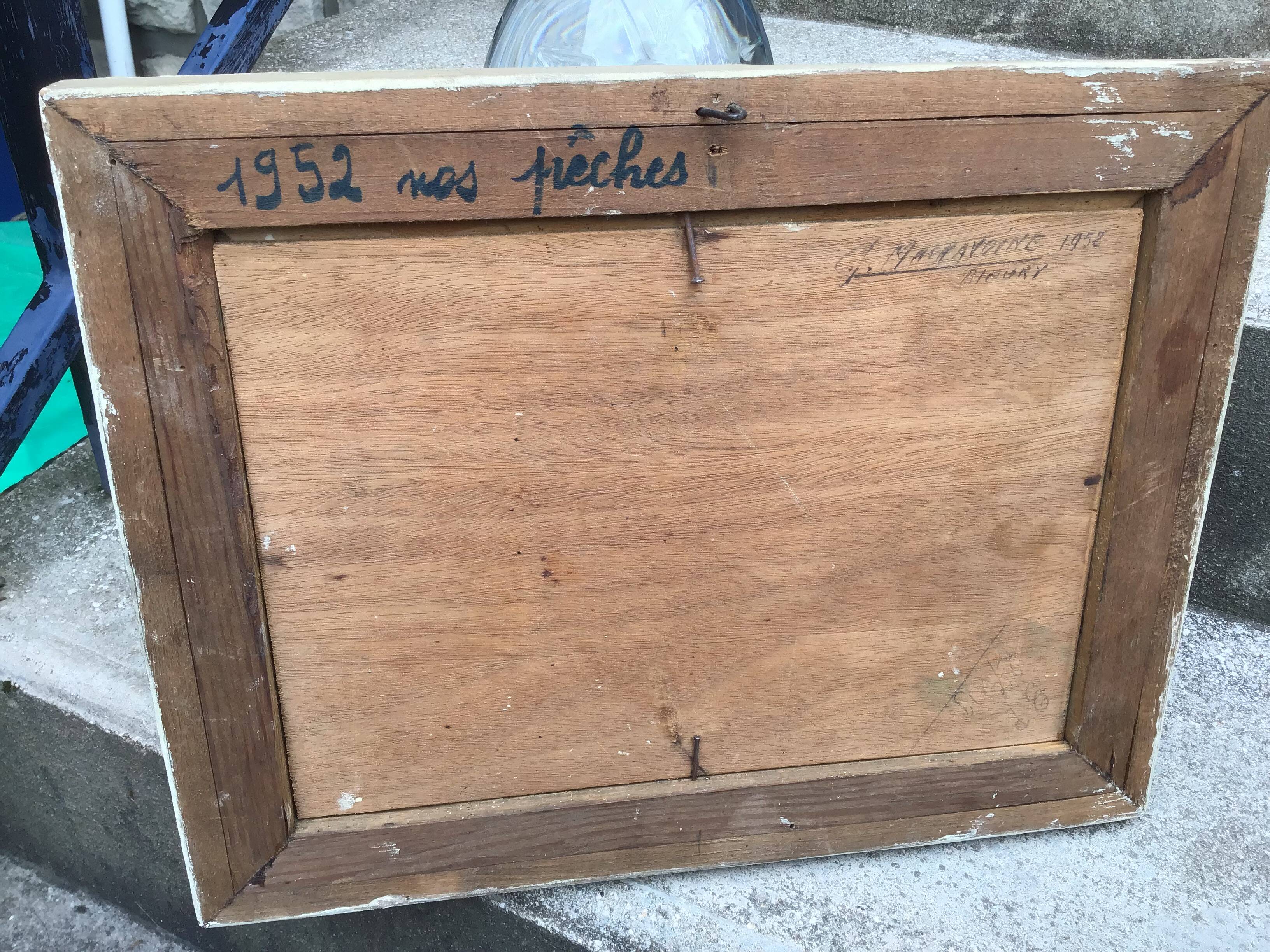 Oil on panel. our fishes