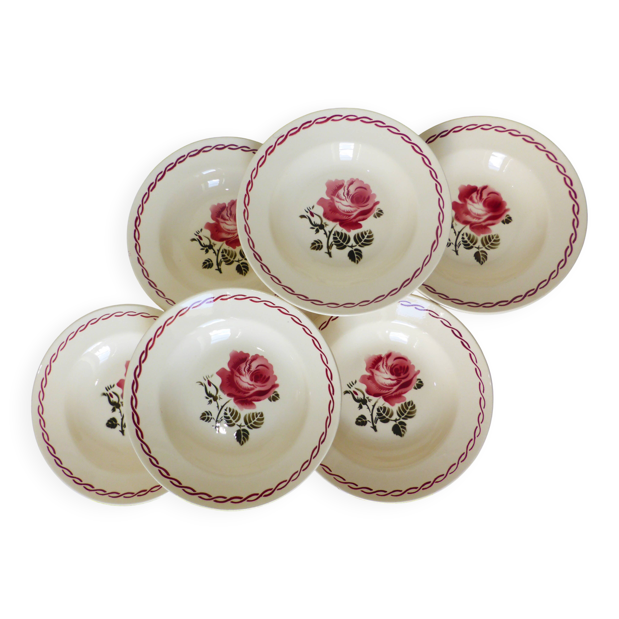 6 vintage Badonviller soup plates, Germaine model 220635