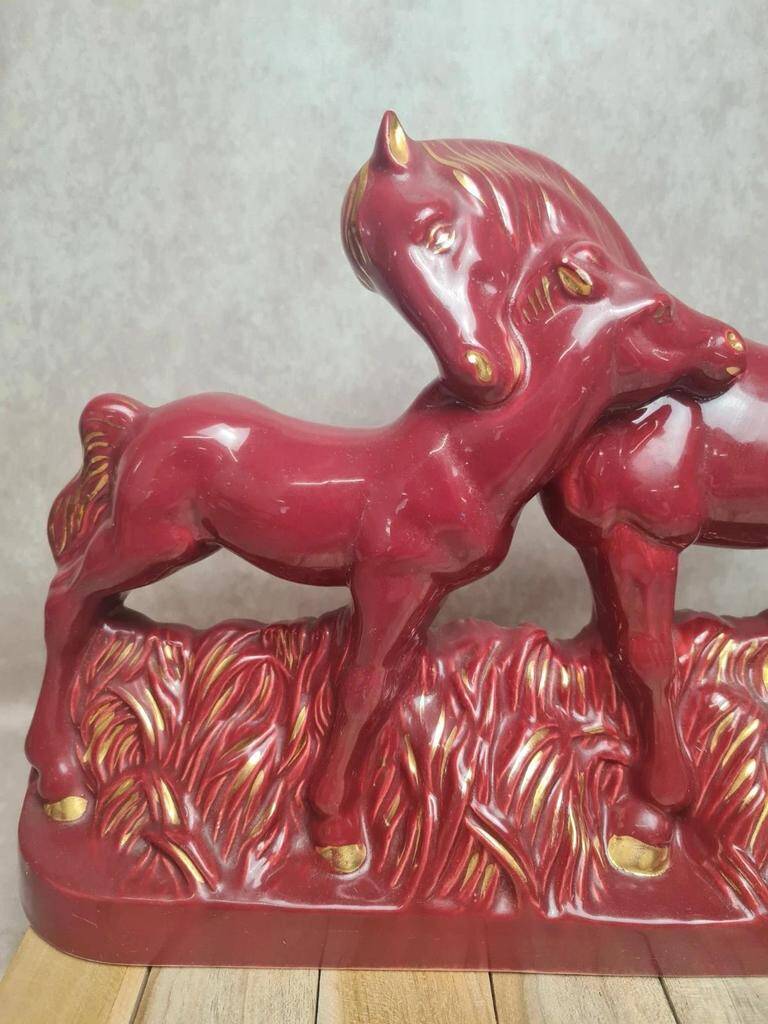 Vintage sculpture of mare and foal signed Jean – red ceramic and gilding.