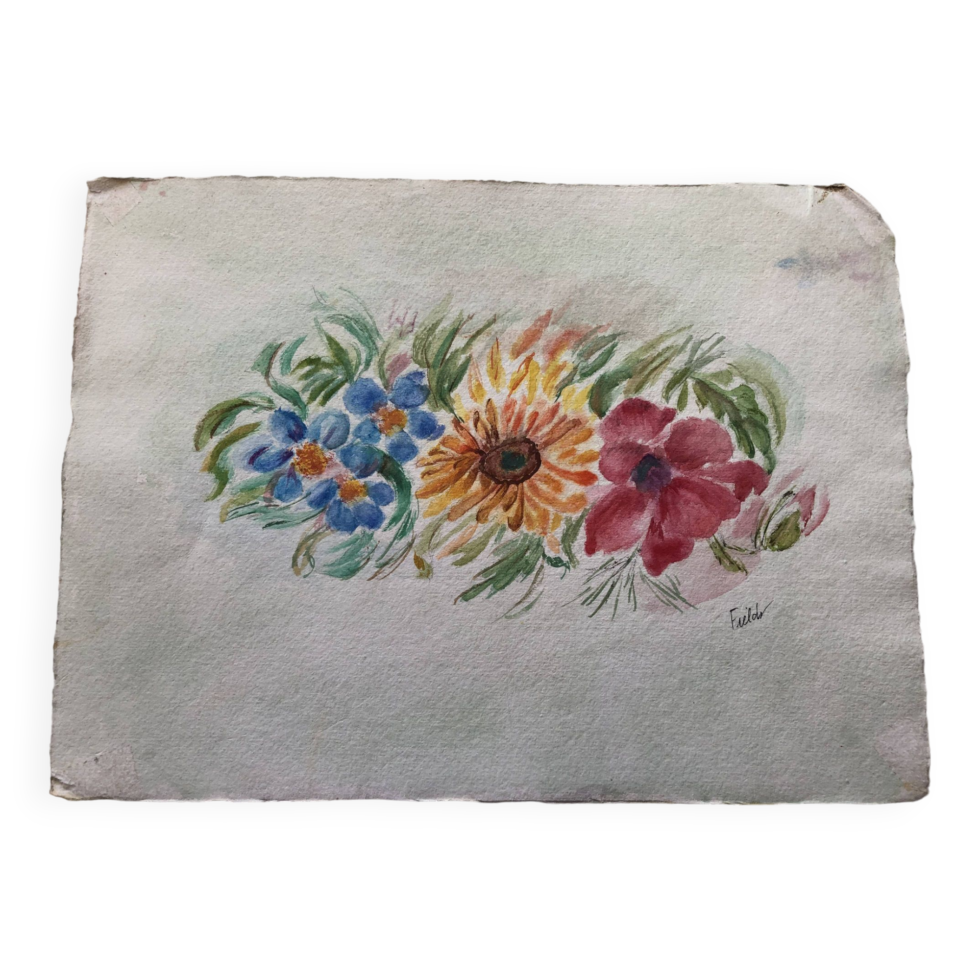 Watercolor flowers painting on paper, signed fields, undated, unframed, blue orange red naif