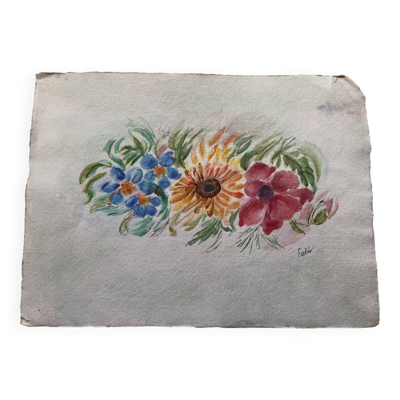 Peinture aquarelle fleurs sur papier, signé fields, non daté, sans cadre, bleu orange rouge naif