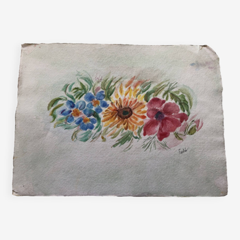 Watercolor flowers painting on paper, signed fields, undated, unframed, blue orange red naif