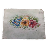Peinture aquarelle fleurs sur papier, signé fields, non daté, sans cadre, bleu orange rouge naif
