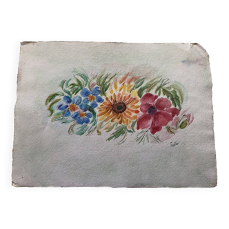 Watercolor flowers painting on paper, signed fields, undated, unframed, blue orange red naif