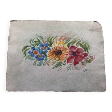 Peinture aquarelle fleurs sur papier, signé fields, non daté, sans cadre, bleu orange rouge naif