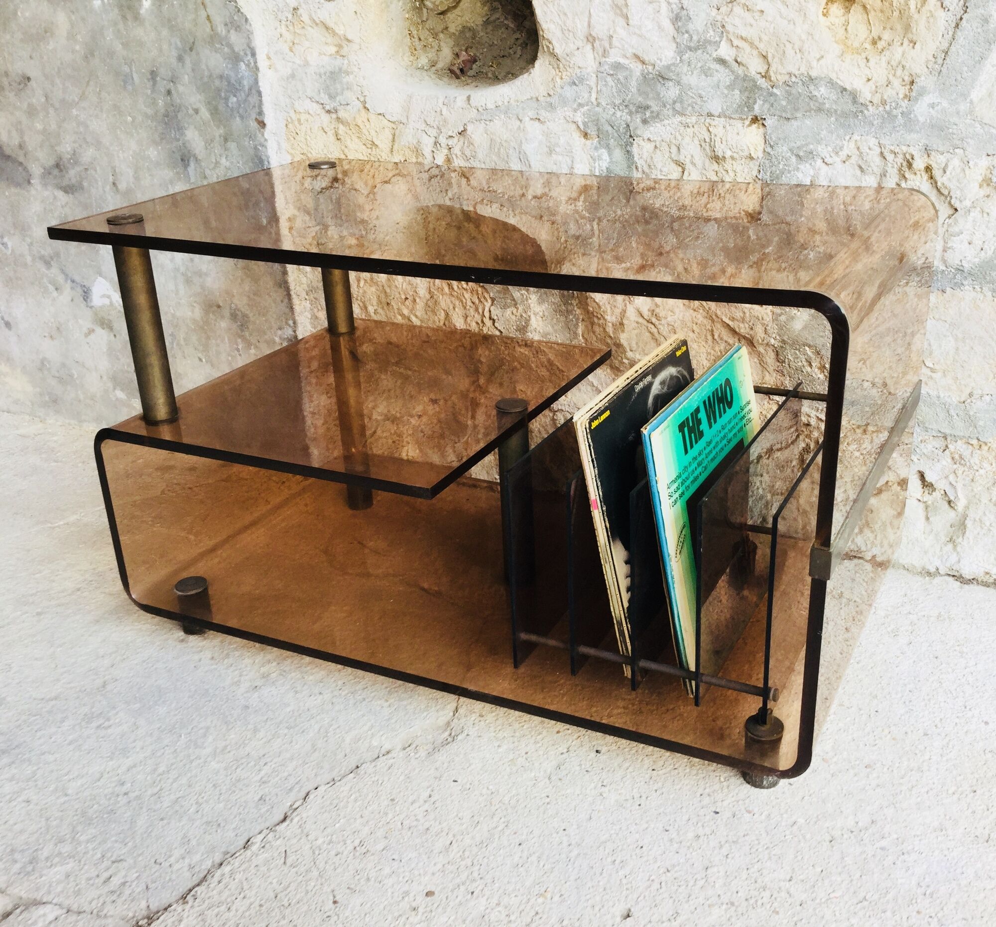 Vinyl or hifi furniture - smoked plexiglass and brass - 1970